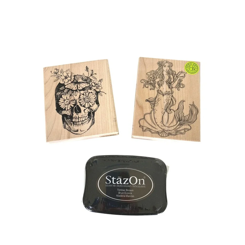 Wood Mounted Stamps Lot Skull Mermaid Staz-On‎ Ink Card Making Mixed Media
